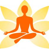 Orange and yellow lotus with orange outline of a person in lotus pose