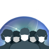 Briding The Distance Webinar Logo - 5 silhouettes with masks with a technological background 